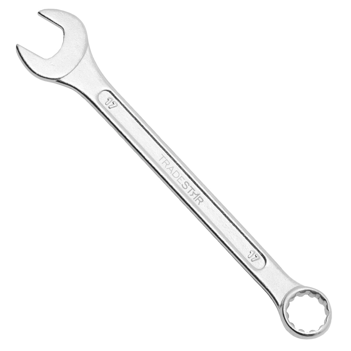 Chave Combinada Profissional 17 mm Tradestar em aço especial, ideal para apertar e afrouxar porcas e parafusos. Ferramenta manual de alta qualidade para uso profissional e doméstico. Aço carbono resistente, abertura fixa e design ergonômico. Perfeita para mecânicos, chaveiros e técnicos.