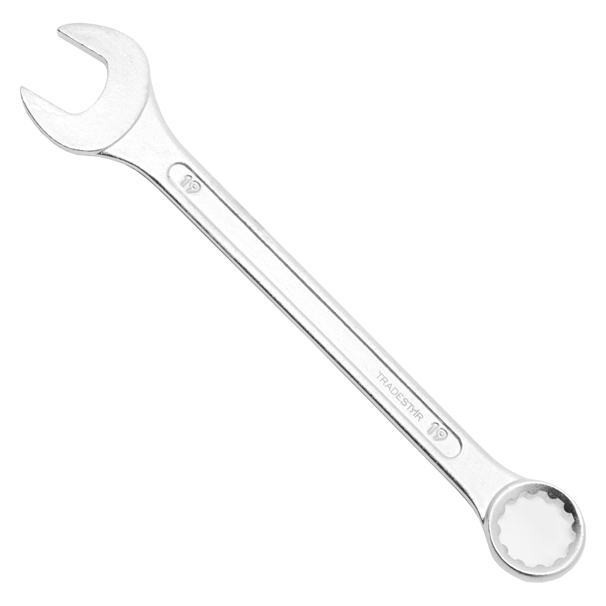 Chave Combinada Profissional Tradestar 19 mm em aço especial, ideal para apertar e afrouxar porcas e parafusos. Ferramenta manual de alta qualidade para uso profissional e doméstico. Chave de boca e chave estrela em uma única ferramenta, proporcionando versatilidade e praticidade.