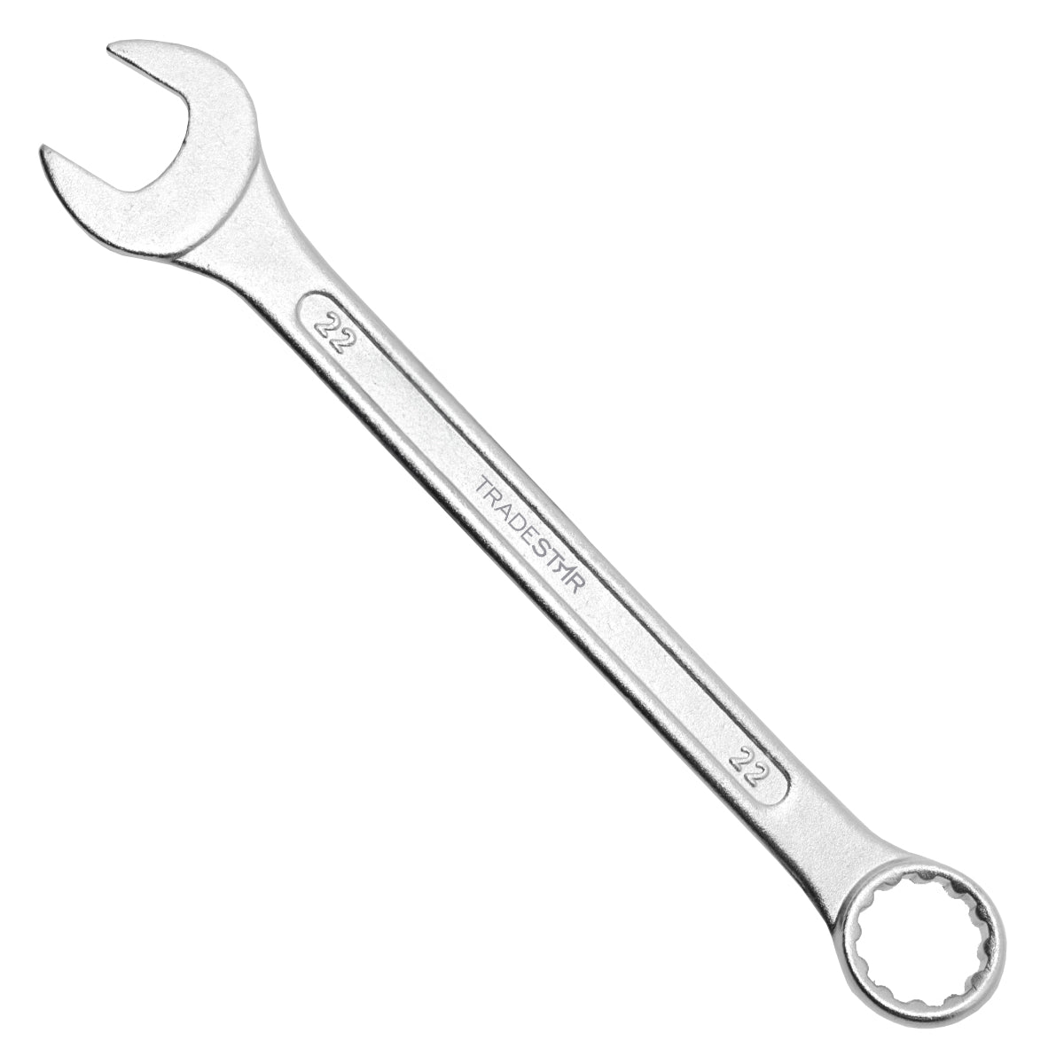Chave Combinada Profissional 22 mm Tradestar em aço especial, ferramenta manual para aperto e desaperto de porcas e parafusos. Ideal para uso profissional em mecânica, construção e manutenção.