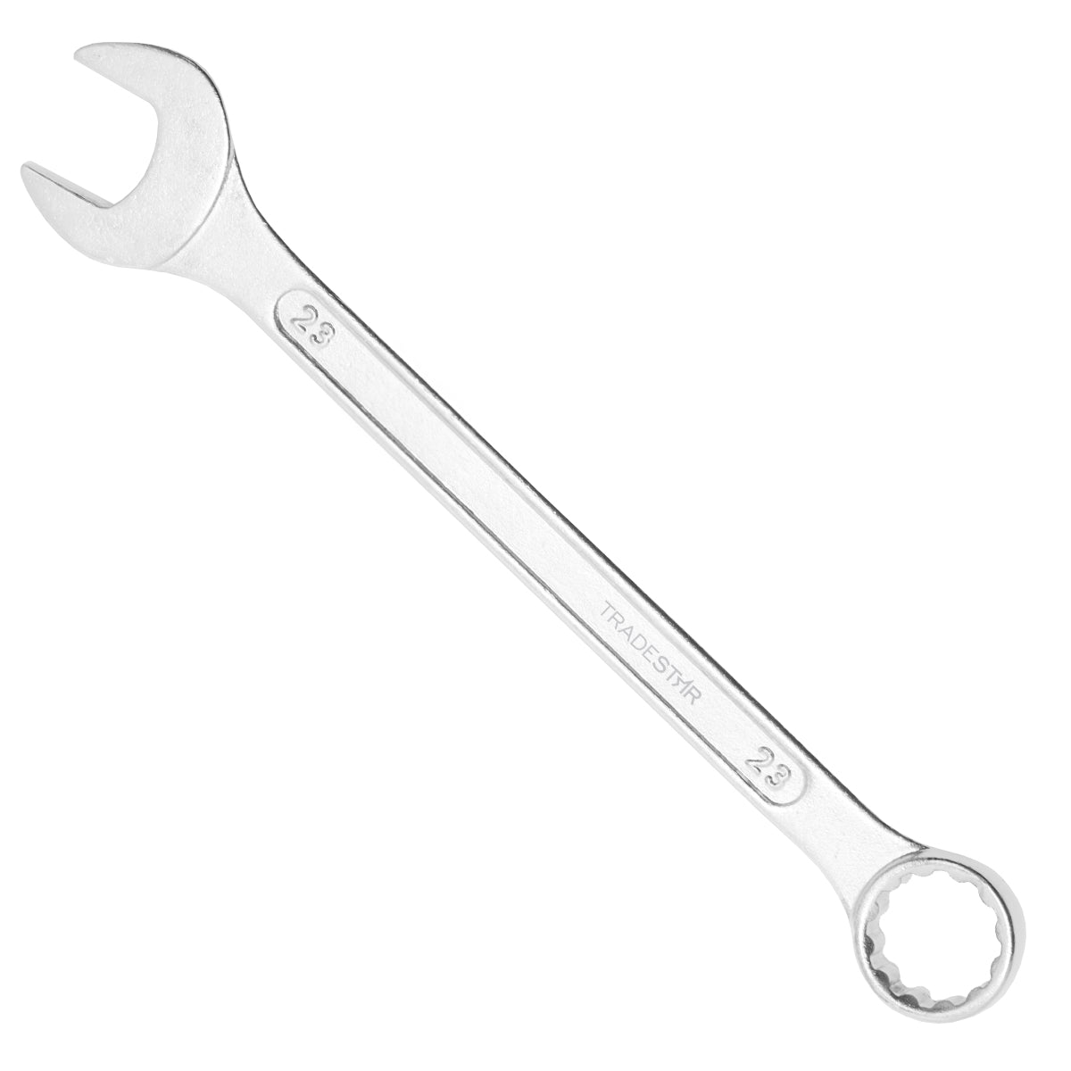 Chave Combinada Profissional Tradestar 23 mm em aço especial, ideal para aperto e desaperto de porcas e parafusos. Ferramenta manual de alta qualidade para uso profissional e doméstico. Chave com abertura fixa e design ergonômico para maior eficiência e durabilidade.