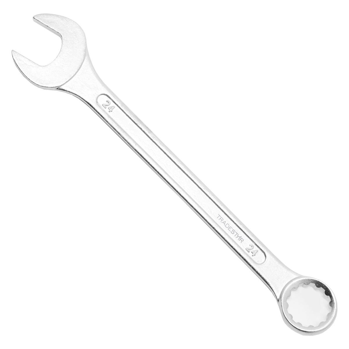 Chave Combinada Profissional Tradestar 24 mm em aço especial, ferramenta manual para aperto e desaperto de porcas e parafusos. Ideal para uso profissional em mecânica, manutenção e chaveiros. Fabricada em aço carbono resistente e durável.