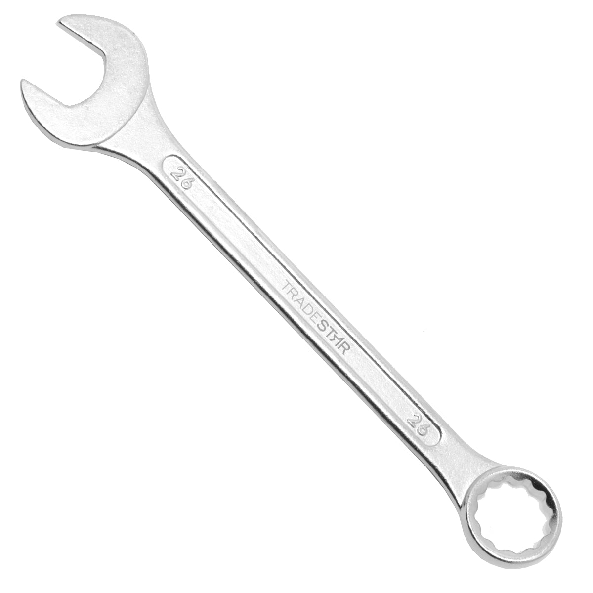 Chave Combinada Profissional Tradestar 26 mm em aço especial, ideal para apertar e afrouxar porcas e parafusos. Ferramenta manual resistente e durável, perfeita para uso em diversas aplicações, como mecânica, construção e manutenção. Abertura fixa e design ergonômico para maior conforto e eficiência.