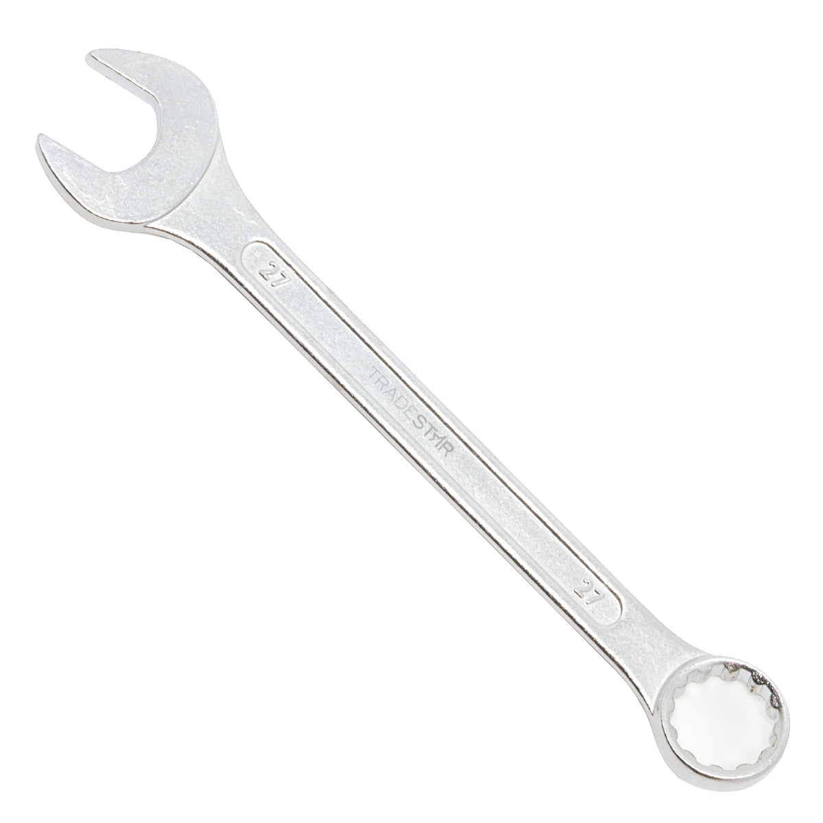 Chave Combinada Profissional 27 mm Tradestar em aço especial, ferramenta manual para aperto e desaperto de porcas e parafusos. Ideal para uso profissional em mecânica, manutenção e chaveiros. Fabricada em aço carbono resistente, com abertura fixa de 27mm. Produto novo, com garantia e envio imediato.