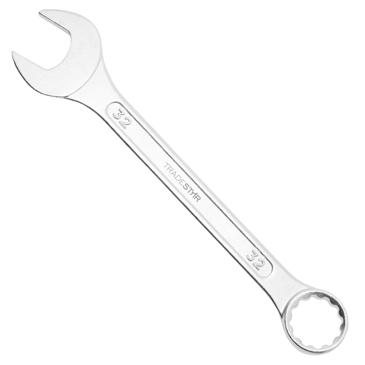 Chave Combinada Profissional 32 mm Tradestar em aço especial, ferramenta manual para aperto e desaperto de porcas e parafusos. Ideal para uso profissional em mecânica, manutenção e chaveiros.