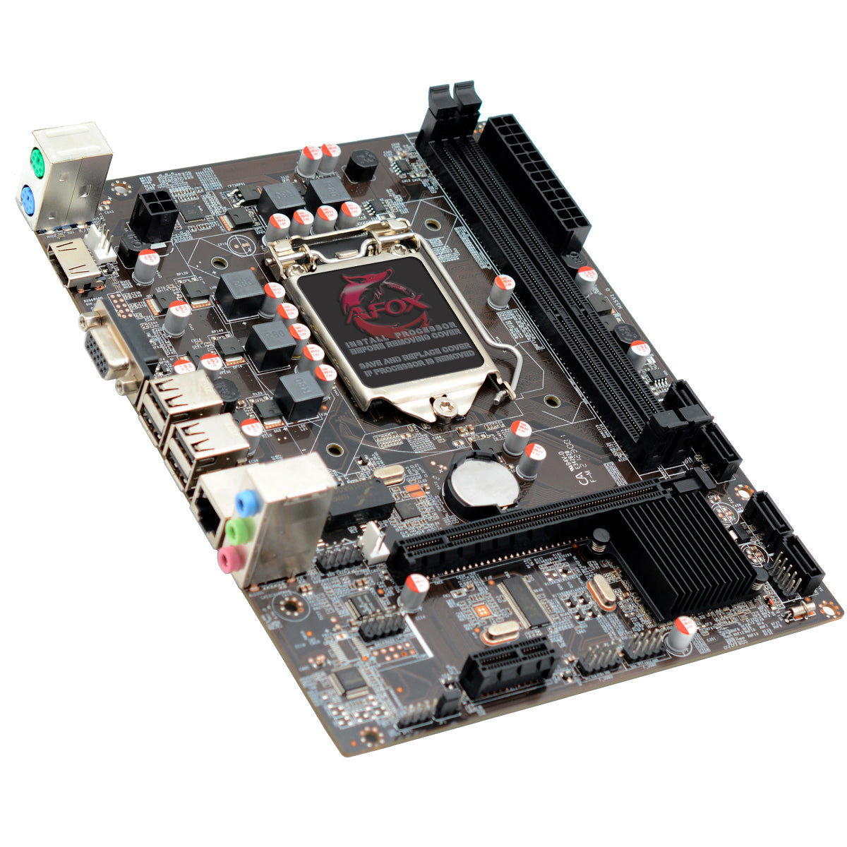 Placa mãe Afox IH55-MA6 Socket LGA 1156 com VGA e suporte para memória DDR3. Ideal para processadores Intel Core i3, i5, i7, Pentium e Celeron de primeira geração. Possui chipset Intel H55, conectores USB 2.0 e slots PCI Express.
