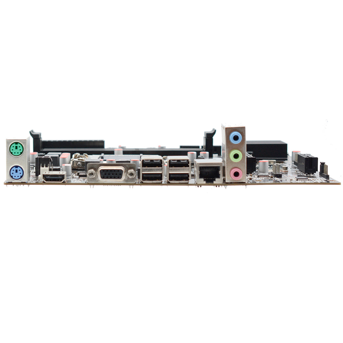 Placa Mãe Afox IH55-MA6 Socket LGA 1156 DDR3 - Visão dos conectores traseiros, incluindo portas VGA, HDMI, USB, áudio e rede. Ideal para processadores Intel Core i3, i5 e i7 de primeira geração.