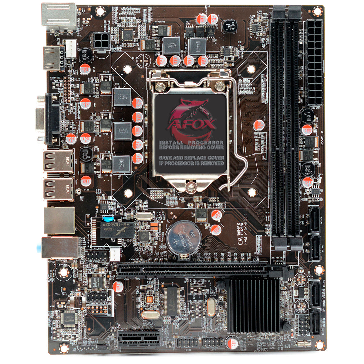 Placa mãe Afox IH55-MA6 para processadores Intel LGA 1156, com suporte para memória DDR3, VGA e USB 2.0. Ideal para montar ou atualizar seu computador com componentes de qualidade e desempenho confiável.
