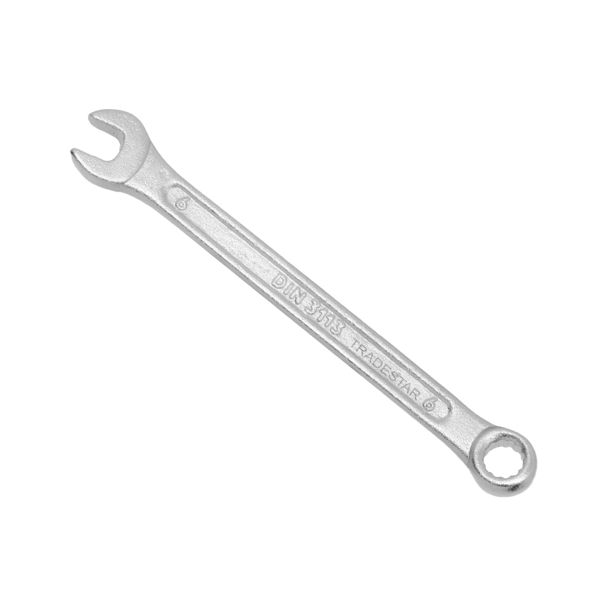 Chave Combinada Profissional 6 mm Cromo Vanádio Tradestar - Ferramenta de aço cromo vanádio com extremidades de boca e estrela, ideal para apertar e afrouxar parafusos e porcas. Chave Tradestar de alta durabilidade e precisão para uso manual em diversas aplicações.