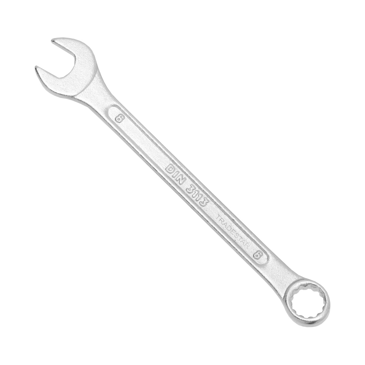 Chave Combinada Profissional 8 mm Cromo Vanádio Tradestar - Ferramenta manual de aço CR-V com extremidades em boca e estrela, ideal para apertar e afrouxar parafusos e porcas. Chave de alta durabilidade para uso profissional em diversas aplicações.