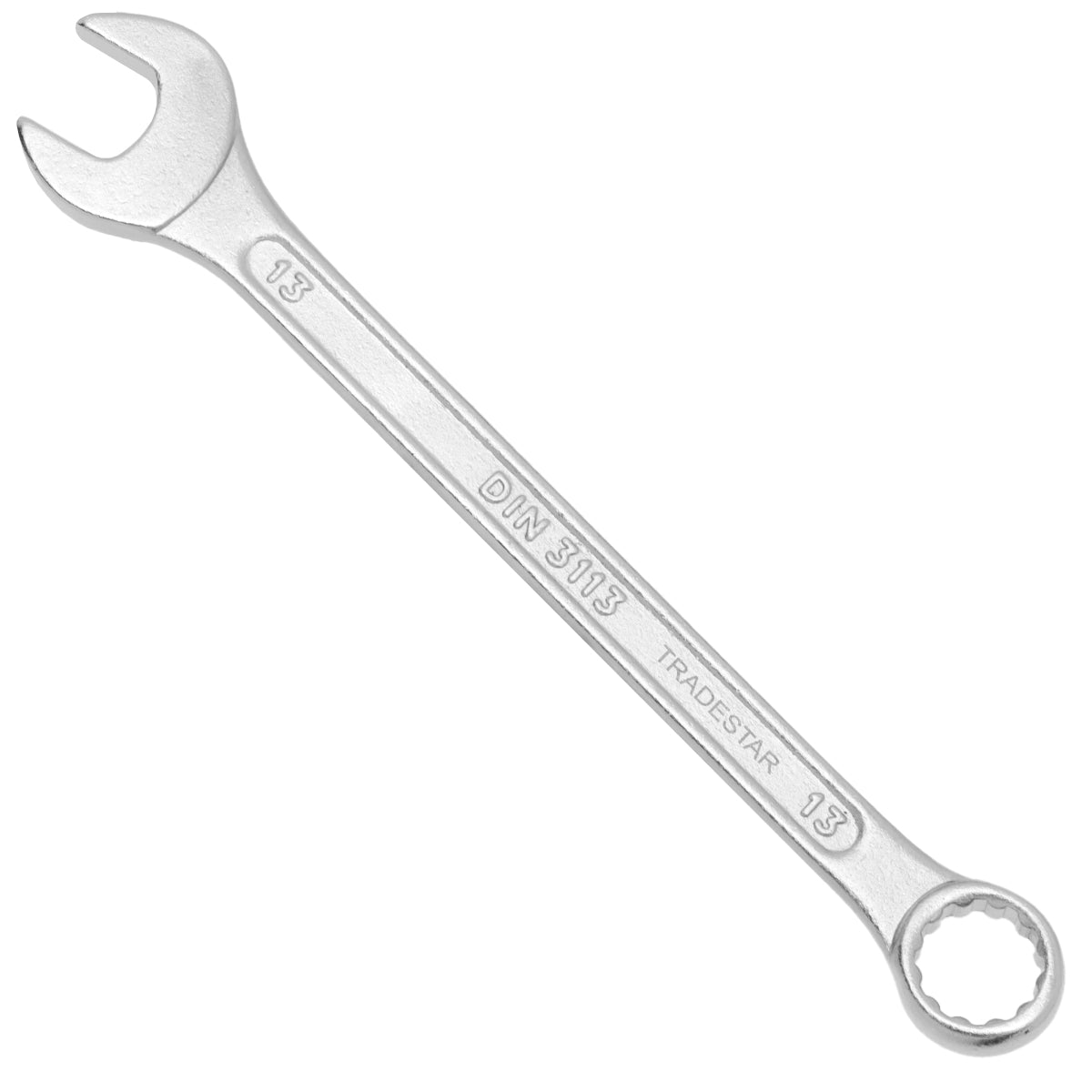 Chave Combinada Profissional Tradestar 13 mm em aço cromo vanádio, ideal para uso em mecânica e reparos. Ferramenta com boca e estrela para aperto e desaperto de parafusos e porcas. Durável e resistente, perfeita para uso manual em diversas aplicações.