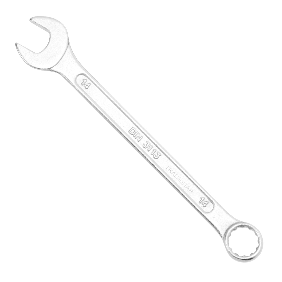 Chave Combinada Profissional 14 mm Cromo Vanádio Tradestar - Ferramenta de aço CR-V com boca e estrela para aperto e afrouxamento de parafusos e porcas. Ideal para uso manual em diversas aplicações.
