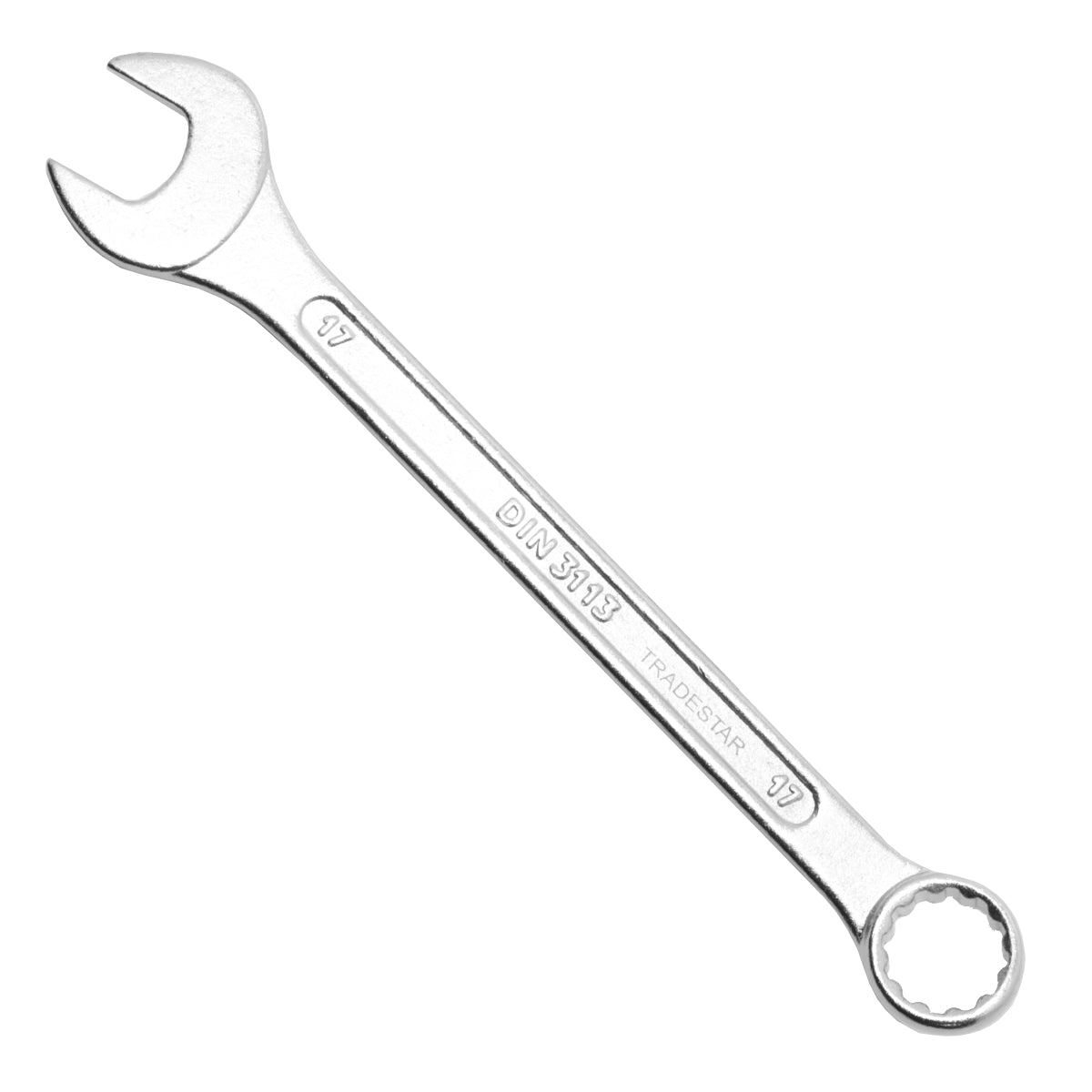 Chave Combinada Profissional 17 mm Cromo Vanádio Tradestar, ferramenta de aço CR-V para aperto e afrouxamento de parafusos e porcas. Ideal para uso manual em diversas aplicações, com extremidades boca e estrela para versatilidade.