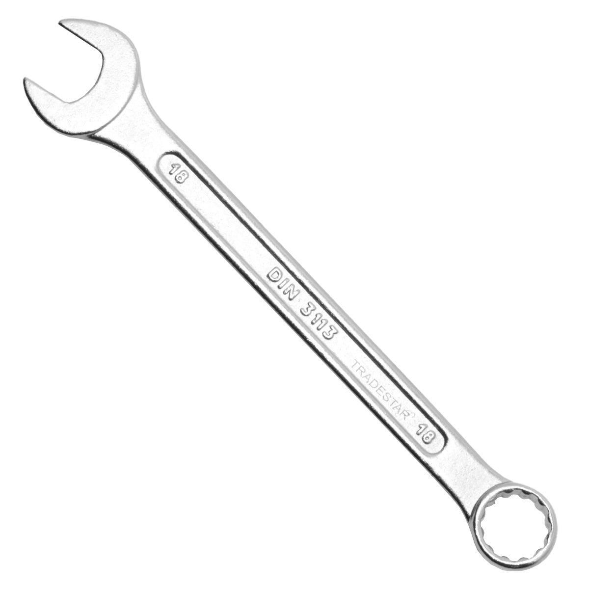 Chave Combinada Profissional 18 mm Cromo Vanádio Tradestar - Ferramenta de alta qualidade com extremidades de boca e estrela, ideal para apertar e afrouxar parafusos e porcas. Fabricada em aço cromo-vanádio durável, perfeita para uso manual em diversas aplicações.