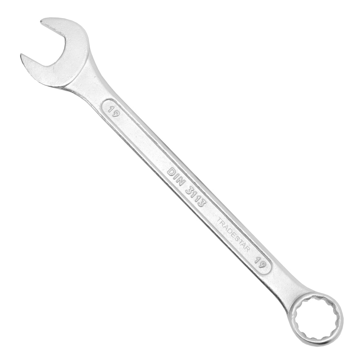 Chave Combinada Profissional 19 mm Cromo Vanádio Tradestar - Ferramenta de alta qualidade para aperto e afrouxamento de parafusos e porcas. Ideal para uso profissional, com extremidades boca e estrela, fabricada em aço cromo-vanádio resistente e durável.