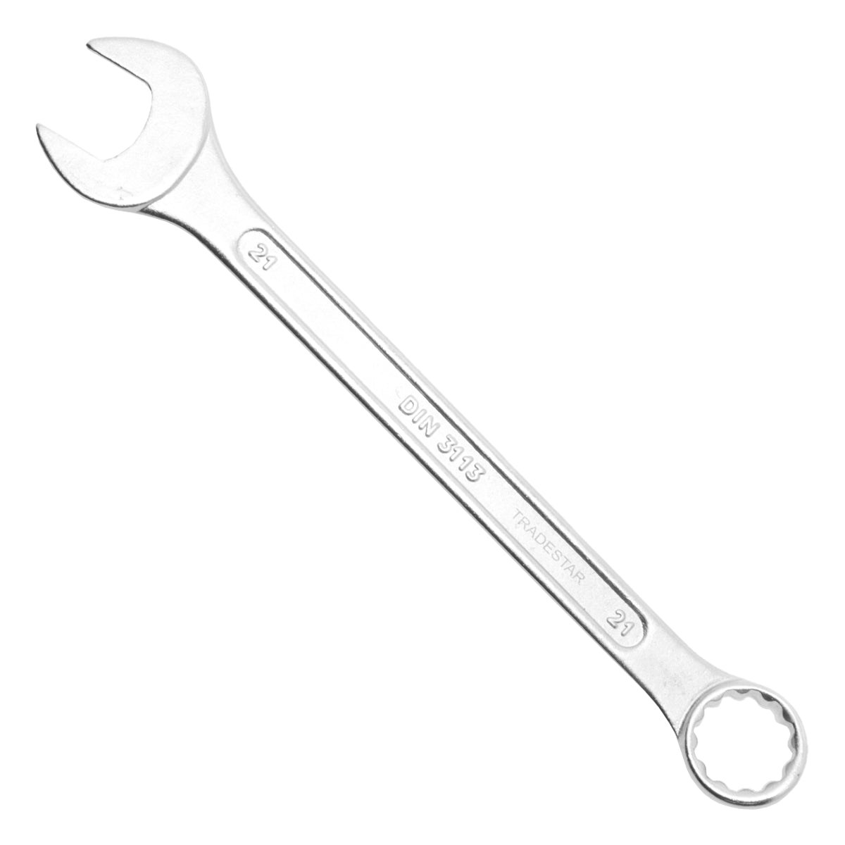 Chave Combinada Profissional 21 mm Cromo Vanádio Tradestar, ferramenta de aço CR-V com extremidades de boca e estrela, ideal para apertar e afrouxar parafusos e porcas. Chave combinada Tradestar, tamanho 21mm, para uso manual em diversas aplicações.