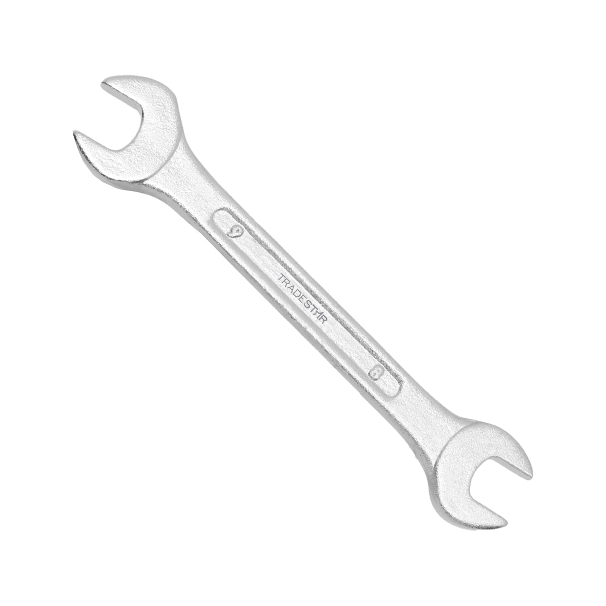 Chave Boca Fixa 8X9MM Profissional Tradestar em aço carbono, ideal para apertar e soltar parafusos e porcas. Ferramenta manual de alta precisão e durabilidade, perfeita para uso profissional e doméstico.