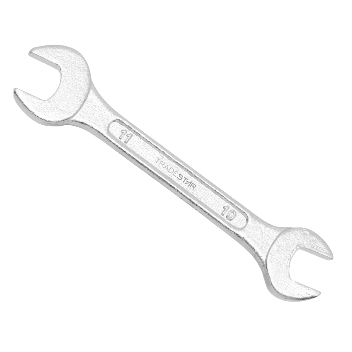Chave de boca fixa 10x11mm profissional Tradestar em aço carbono, ideal para apertar e soltar parafusos e porcas sextavadas. Ferramenta manual robusta e precisa para uso em diversas aplicações.