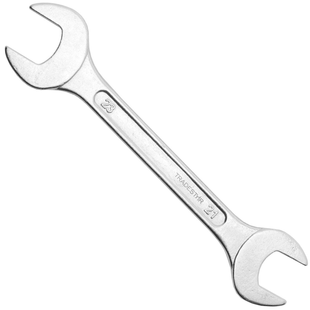 Chave de boca fixa 21x23mm profissional Tradestar em aço carbono, ideal para apertar e soltar parafusos e porcas sextavadas. Ferramenta robusta e precisa para uso manual em diversas aplicações.