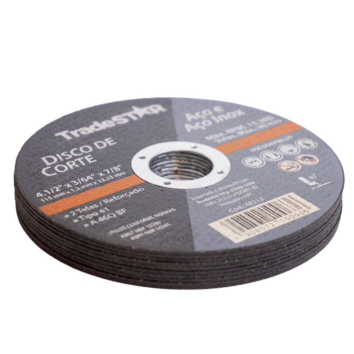 Disco de Corte Fino Inox 4.1/2 Tradestar para esmerilhadeira, 10 peças. Ideal para cortes precisos em aço inox, ferro e outros metais. Disco abrasivo de 1,2mm, 115mm de diâmetro e furo de 22,23mm. Ferramenta para serralheria e metalurgia.