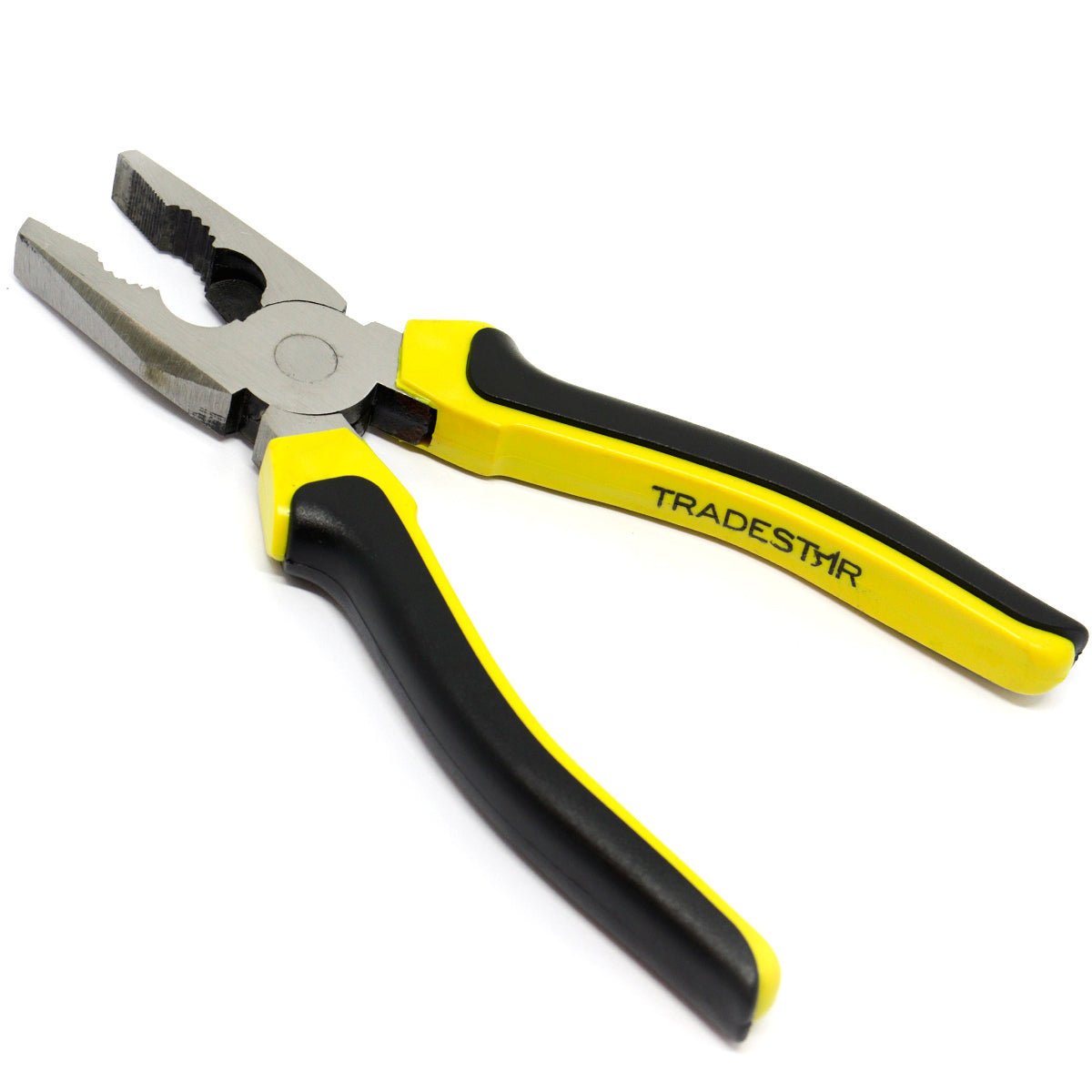 Alicate Universal 8 Polegadas Profissional Tradestar com cabos anatômicos amarelo e preto, ideal para corte, prensagem, torção e aperto em trabalhos de montagem e reparo. Ferramenta versátil para uso doméstico e profissional, com revestimento de níquel para maior durabilidade.
