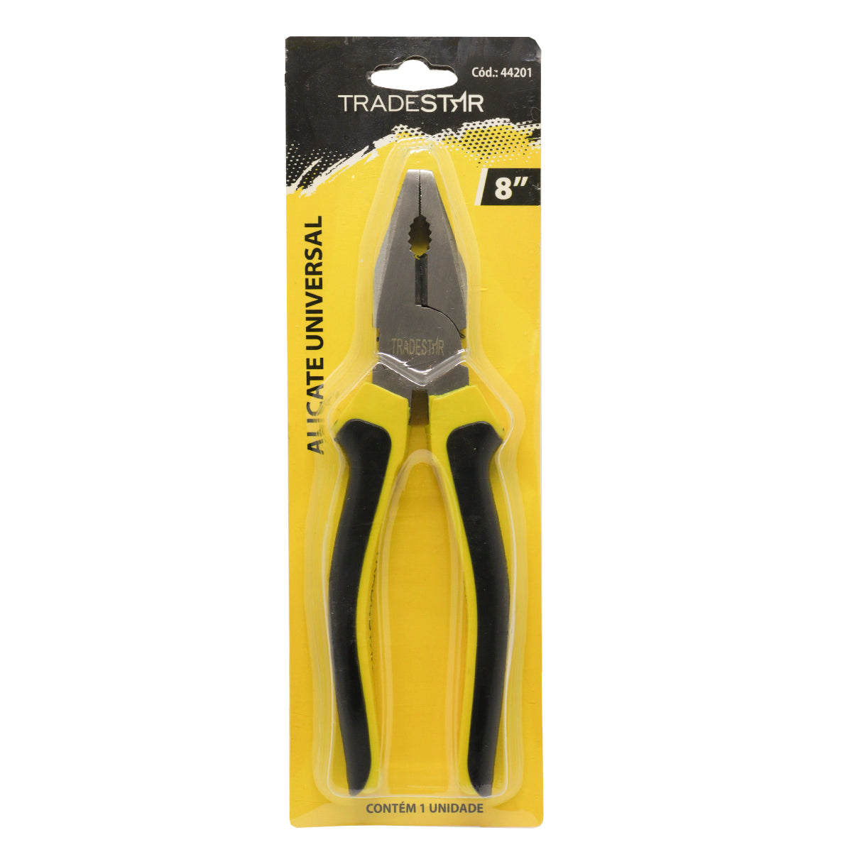 Alicate Universal 8 Polegadas Profissional Tradestar, ferramenta multifuncional para corte, prensagem, torção e aperto. Ideal para uso profissional e doméstico, com cabos anatômicos, revestimento de níquel e garantia de 90 dias.
