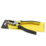 Alicate Universal 8 Polegadas Profissional Tradestar, ferramenta manual com cabo ergonômico amarelo e preto, ideal para corte, prensagem, torção e aperto em trabalhos de montagem e reparos.