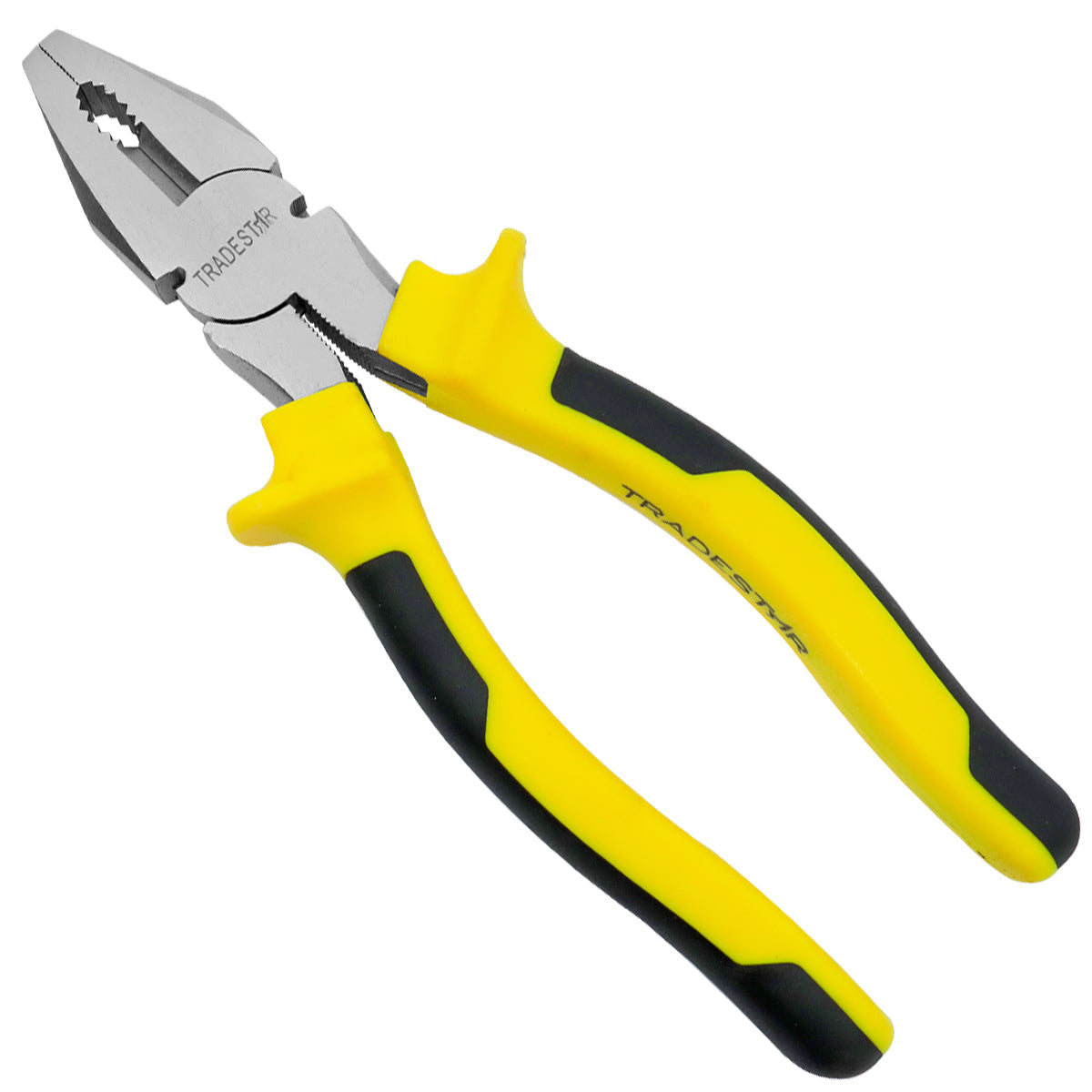 Alicate Universal 8 Polegadas Pro Eletricista Tradestar, ferramenta em aço carbono niquelado com cabo emborrachado amarelo e preto, ideal para eletricistas. Alicate universal Tradestar para cortar e manipular fios e cabos elétricos.