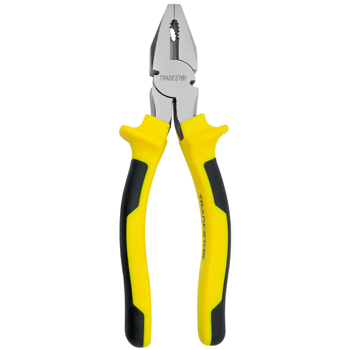 Alicate Universal 8 Polegadas Pro Eletricista Tradestar, ferramenta em aço carbono com cabo emborrachado amarelo e preto, ideal para eletricistas. Ferramenta Tradestar para trabalhos com fios e cabos elétricos.