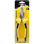 Alicate Universal 8 Polegadas Pro Eletricista Tradestar em embalagem. Ferramenta de aço carbono com cabo emborrachado amarelo e preto, ideal para eletricistas. Alicate universal Tradestar 8 polegadas para fios e cabos elétricos.
