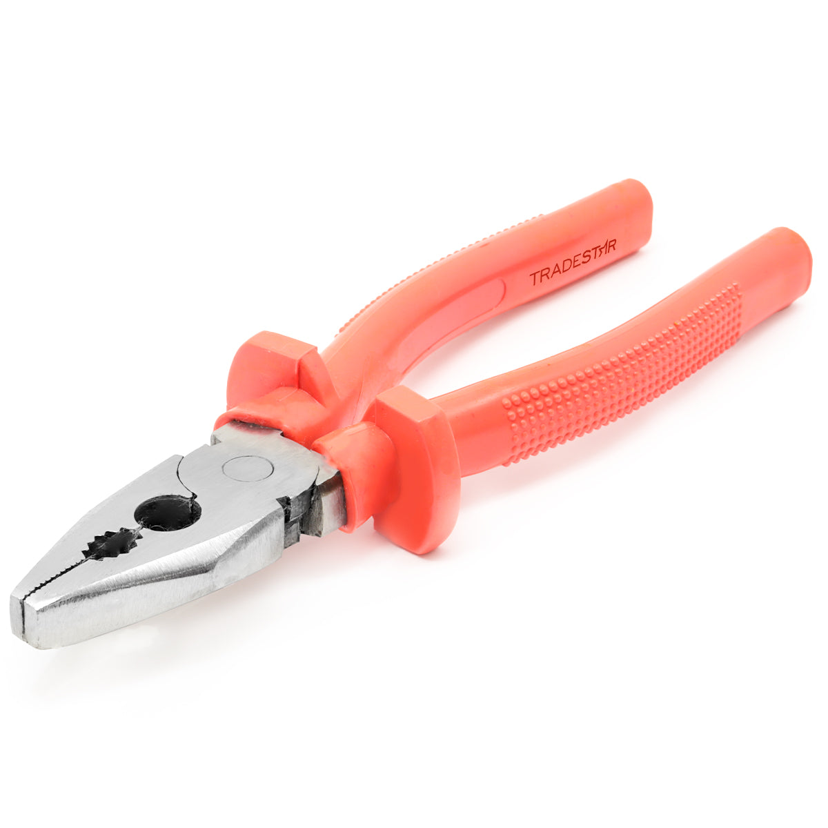 Alicate Universal 8 Aço Cabo PVC Reforçado Tradestar - Alicate de aço com cabo laranja para diversas aplicações, ideal para cortar, torcer e segurar fios e peças. Ferramenta resistente e durável para uso profissional e doméstico.