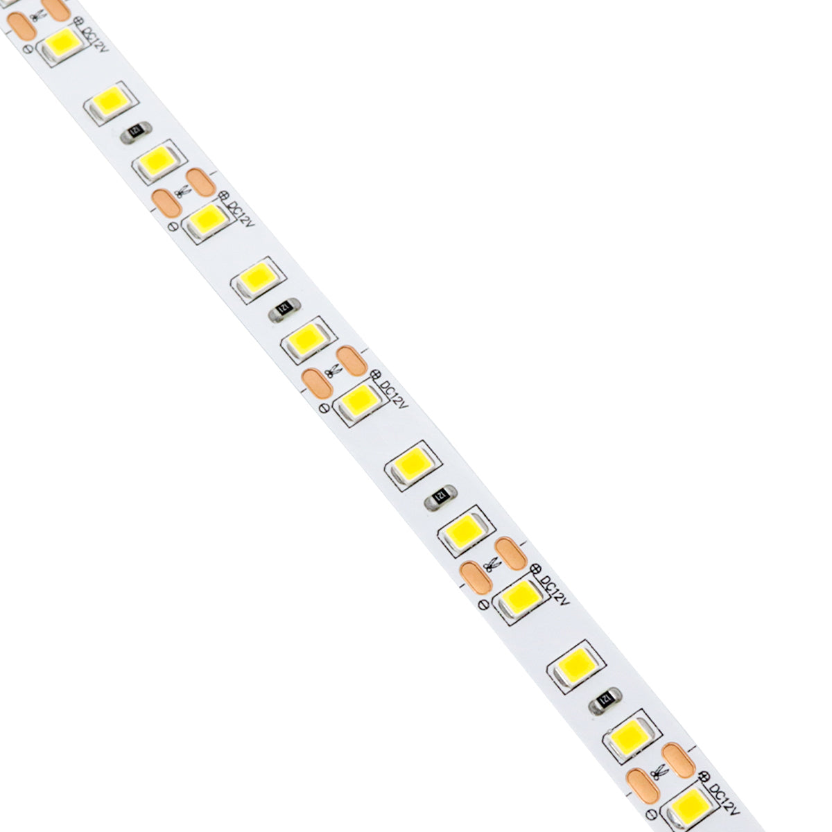Kit Fita LED 2835 5M 120 LEDs 12V 3000K - Iluminação Amarela Quente, ideal para decoração e ambientes internos. Inclui fonte de alimentação e fácil instalação.
