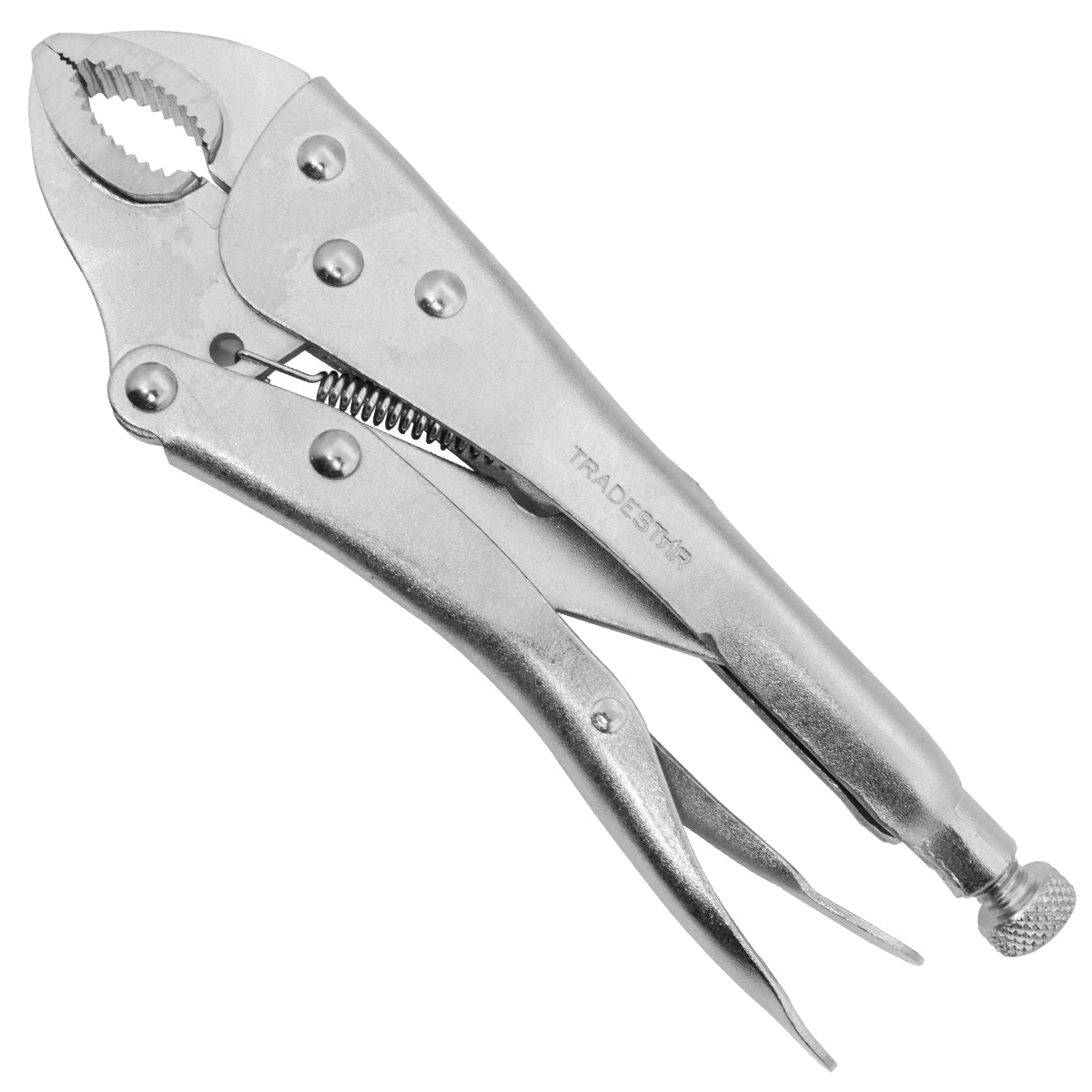 Alicate de Pressão Mordente Curvo 10" Tradestar, ferramenta de fixação e aperto com mordente curvo, ideal para trabalhos em diversas formas e tamanhos. Fabricado em aço carbono niquelado, com ajuste de pressão e liberação rápida.