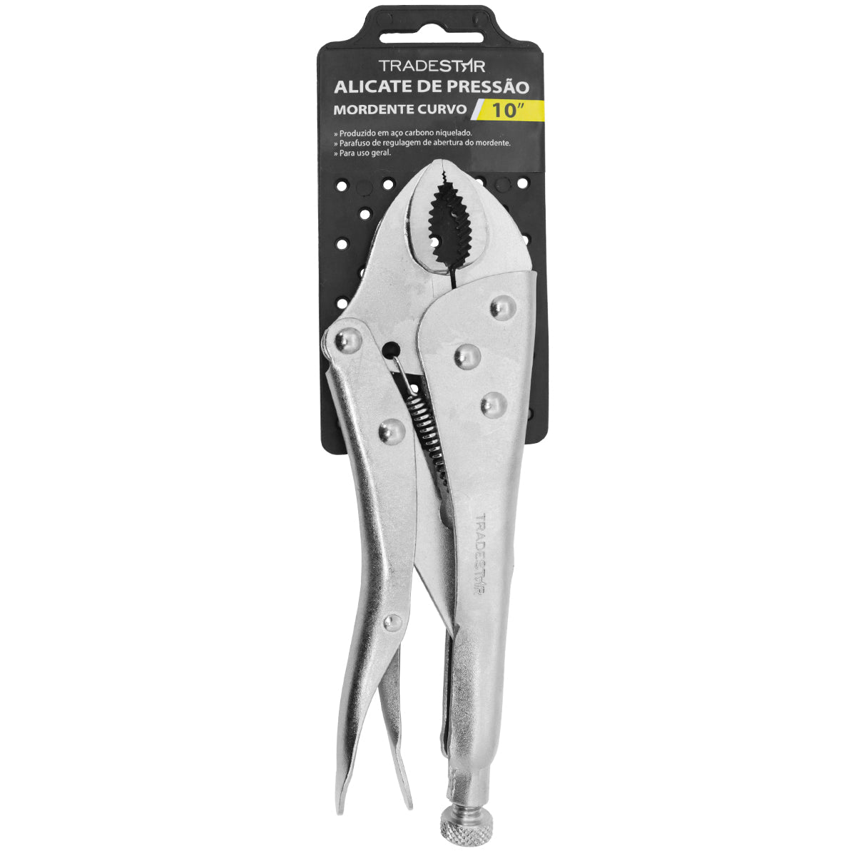 Alicate de Pressão Mordente Curvo 10" Tradestar, ferramenta de fixação com mordente curvo, ideal para segurar, prender e apertar diversos materiais. Fabricado em aço carbono niquelado, possui parafuso de regulagem e alavanca de liberação rápida.