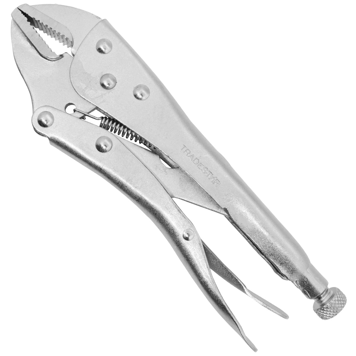 Alicate de Pressão Boca Reta 10 Polegadas Mordente Tradestar - Ferramenta de aço carbono niquelado para fixação e pressão, ideal para trabalhos diversos. Possui mordente reto e parafuso de regulagem.