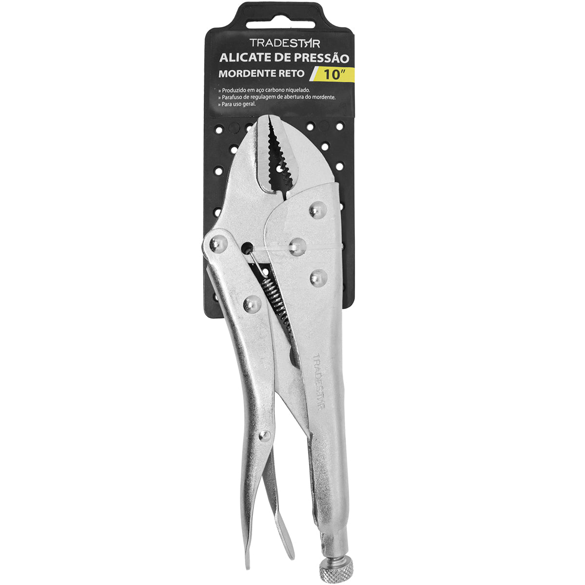 Alicate de Pressão Boca Reta 10 Polegadas Mordente Tradestar, ferramenta em aço carbono niquelado com mordente reto e parafuso de regulagem. Ideal para diversas aplicações, oferece durabilidade e precisão.