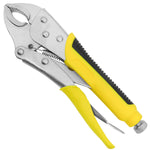 Alicate de Pressão Cabo Emborrachado 10'' curvo Tradestar, ferramenta manual com cabo amarelo e preto, ideal para fixar e travar objetos. Possui design curvo para acesso em áreas difíceis.