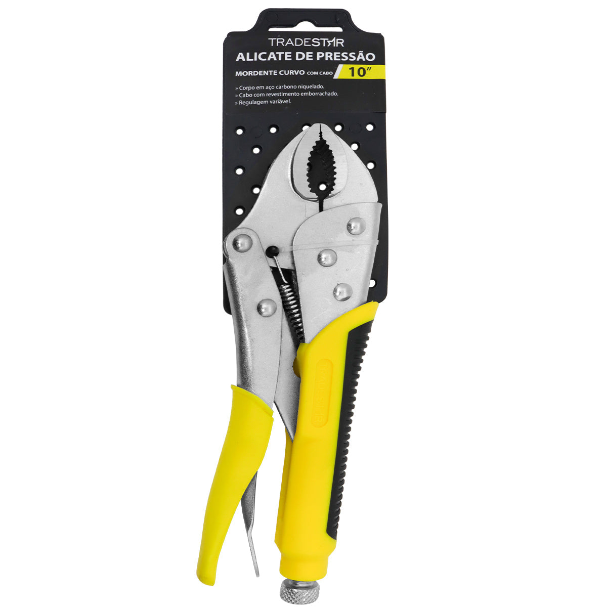 Alicate de Pressão Cabo Emborrachado 10'' curvo Tradestar, ferramenta de aço carbono niquelado com cabo emborrachado amarelo e preto, mordente curvo e regulagem variável. Ideal para fixar e travar objetos.