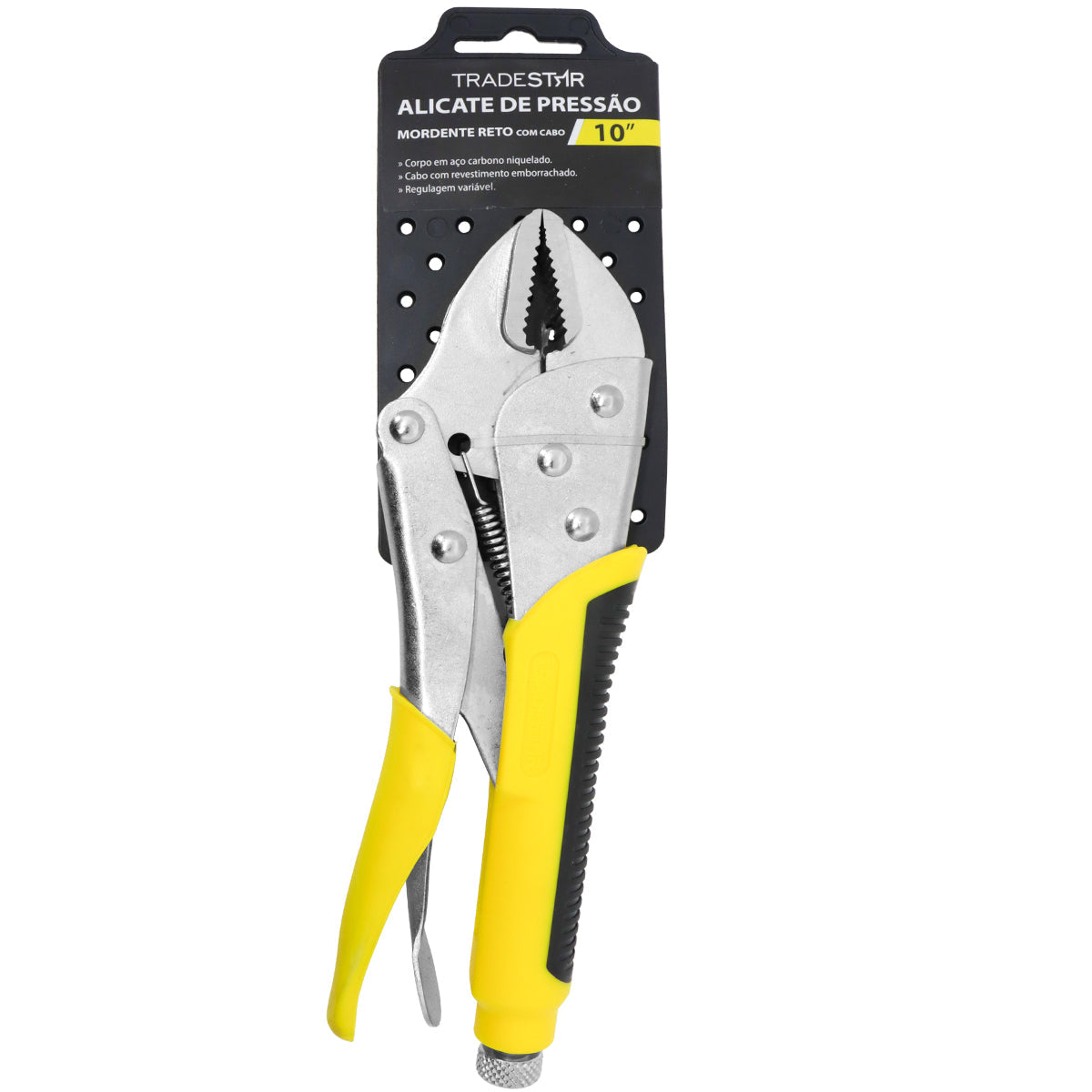 Alicate de pressão Tradestar 10" com mordente reto, cabo emborrachado e corpo em aço carbono niquelado. Ferramenta ideal para fixação e aperto em diversos materiais. Possui regulagem variável para maior controle e precisão.