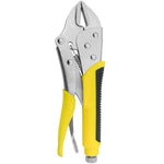 Alicate de pressão com cabo emborrachado amarelo e preto de 10 polegadas, mordente reto, ideal para fixação e aperto em diversos materiais. Ferramenta manual de aço carbono niquelado, com ajuste de pressão e liberação rápida.