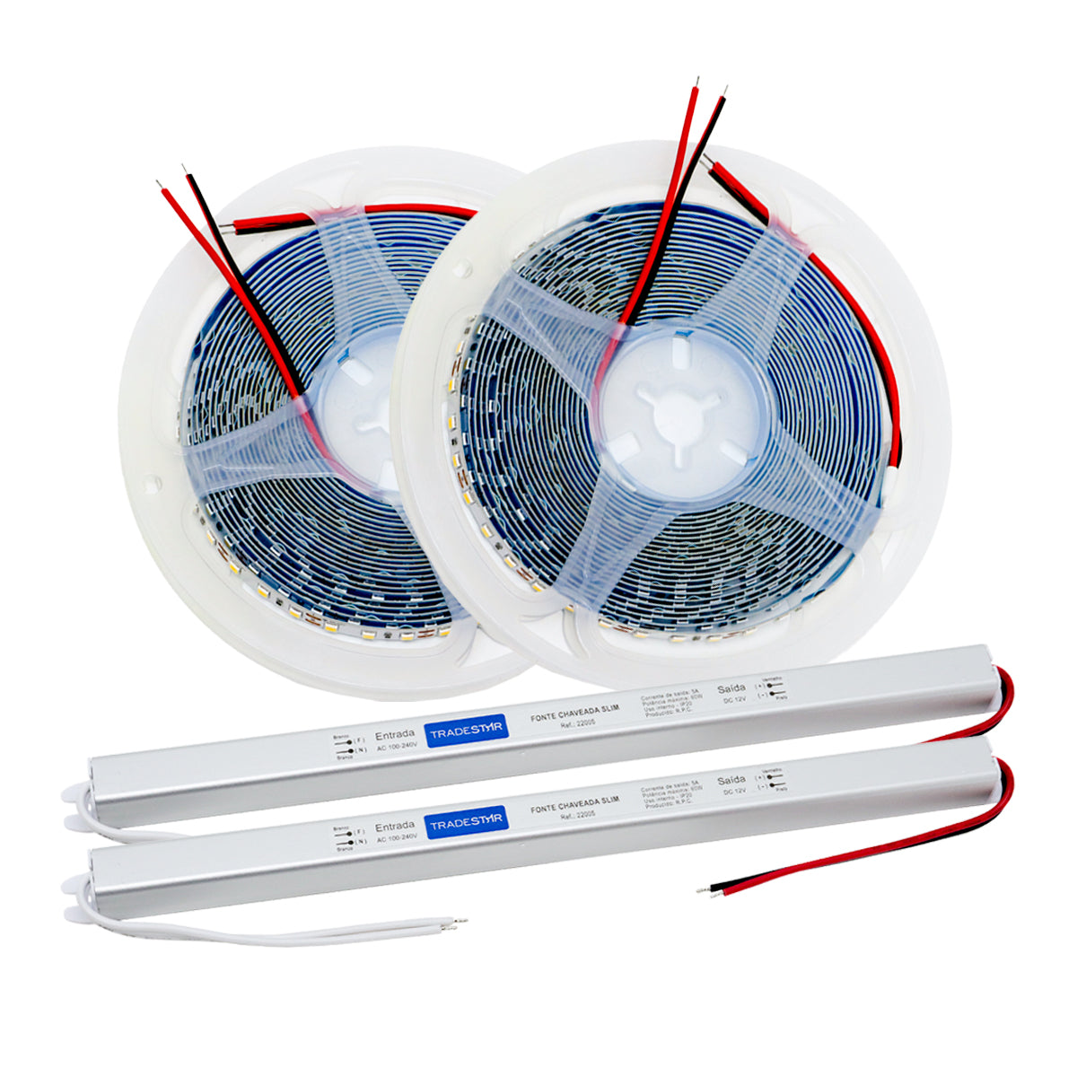 Kit Fita LED 2835 5M 120 LEDs 12V 3000K (2 rolos) com 2 fontes de alimentação. Iluminação LED para decoração e projetos de iluminação interna. Fita LED amarela quente, ideal para criar ambientes aconchegantes e personalizados.