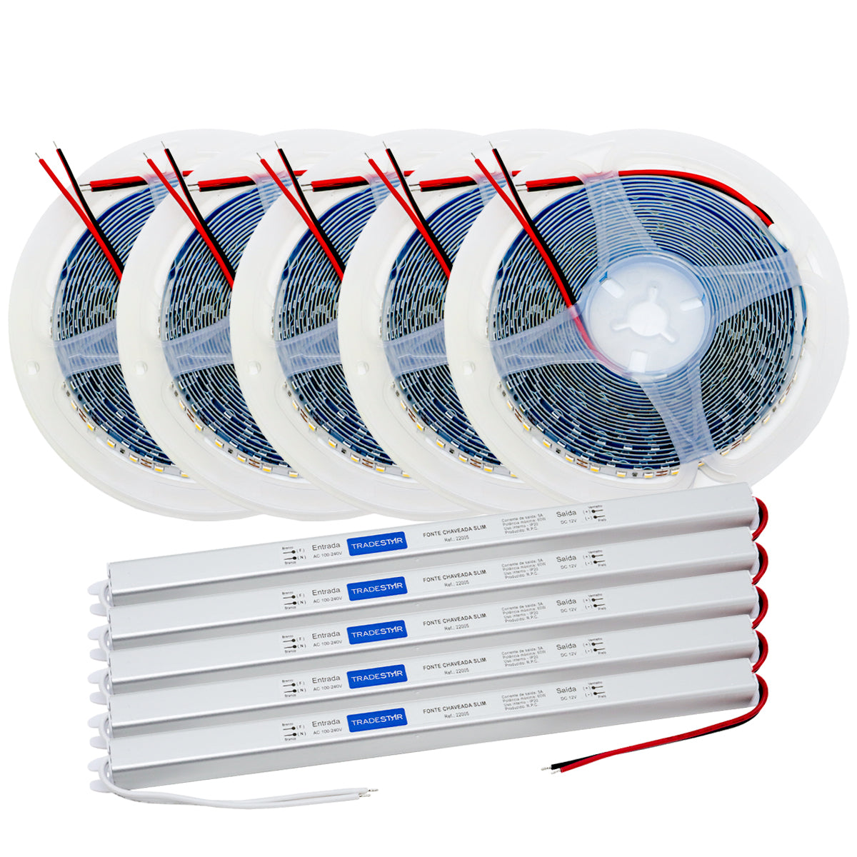 Kit Fita LED 5 Metros 3000K 12V IP20 - Iluminação para decoração e ambientes internos. Inclui fita LED 2835, fonte e acessórios para instalação. Ideal para criar ambientes aconchegantes e personalizados.