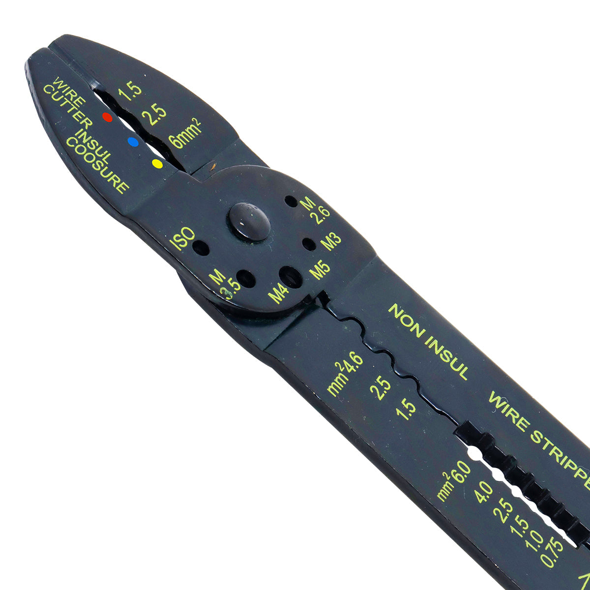 Alicate Multiuso para Eletricista 9 Polegadas Tradestar - Ferramenta para cortar, desencapar fios e prensar terminais, ideal para trabalhos elétricos. Fabricado em aço carbono com cabo plastificado para maior conforto e precisão. Possui funções de corte de fios, desencapador e prensador, com marcações para diferentes bitolas.