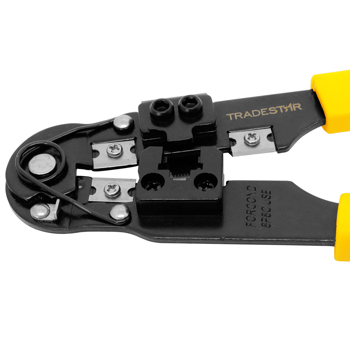 Alicate Crimpador Descascador de Fios RJ45 Tradestar - Ferramenta para crimpagem, descascamento e corte de fios de rede. Ideal para instalação e manutenção de redes de computadores. Fabricado em aço carbono resistente com cabo em PVC para maior conforto e durabilidade.
