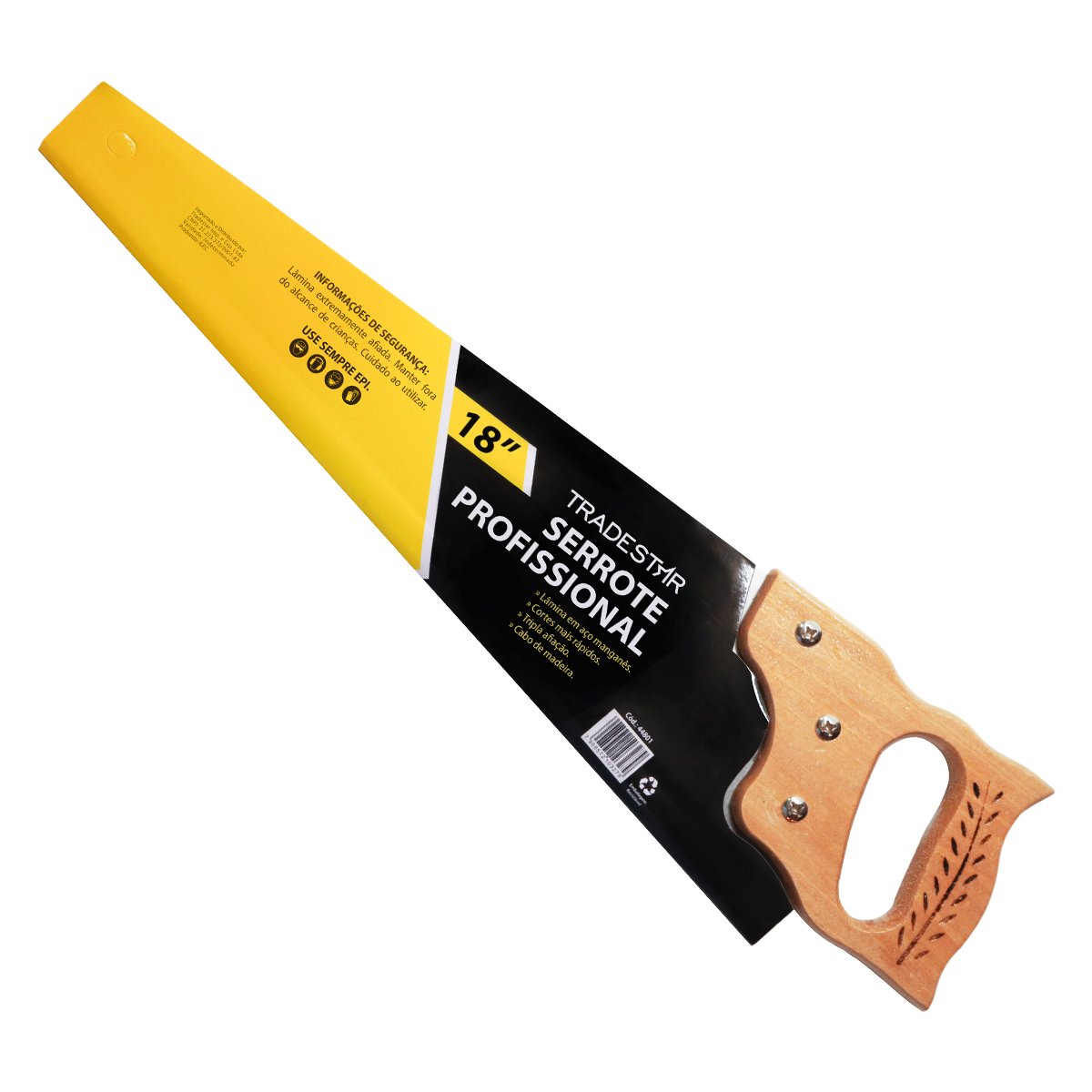 Serrote 18" Tradestar Profissional com cabo de madeira, ideal para cortes precisos em madeira, MDF e compensado. Lâmina afiada em aço manganês, resistente e durável. Ferramenta para carpintaria, marcenaria e bricolagem.