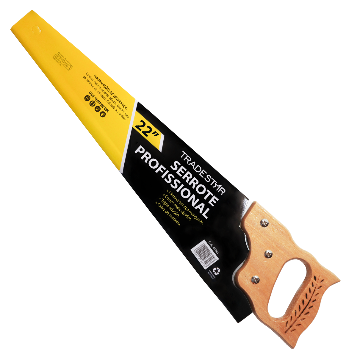 Serrote 22" Cabo Madeira Tradestar para madeira, MDF e compensado. Lâmina afiada de aço manganês temperado, ideal para cortes precisos em carpintaria, marcenaria e bricolagem. Cabo ergonômico de madeira para conforto e firmeza.