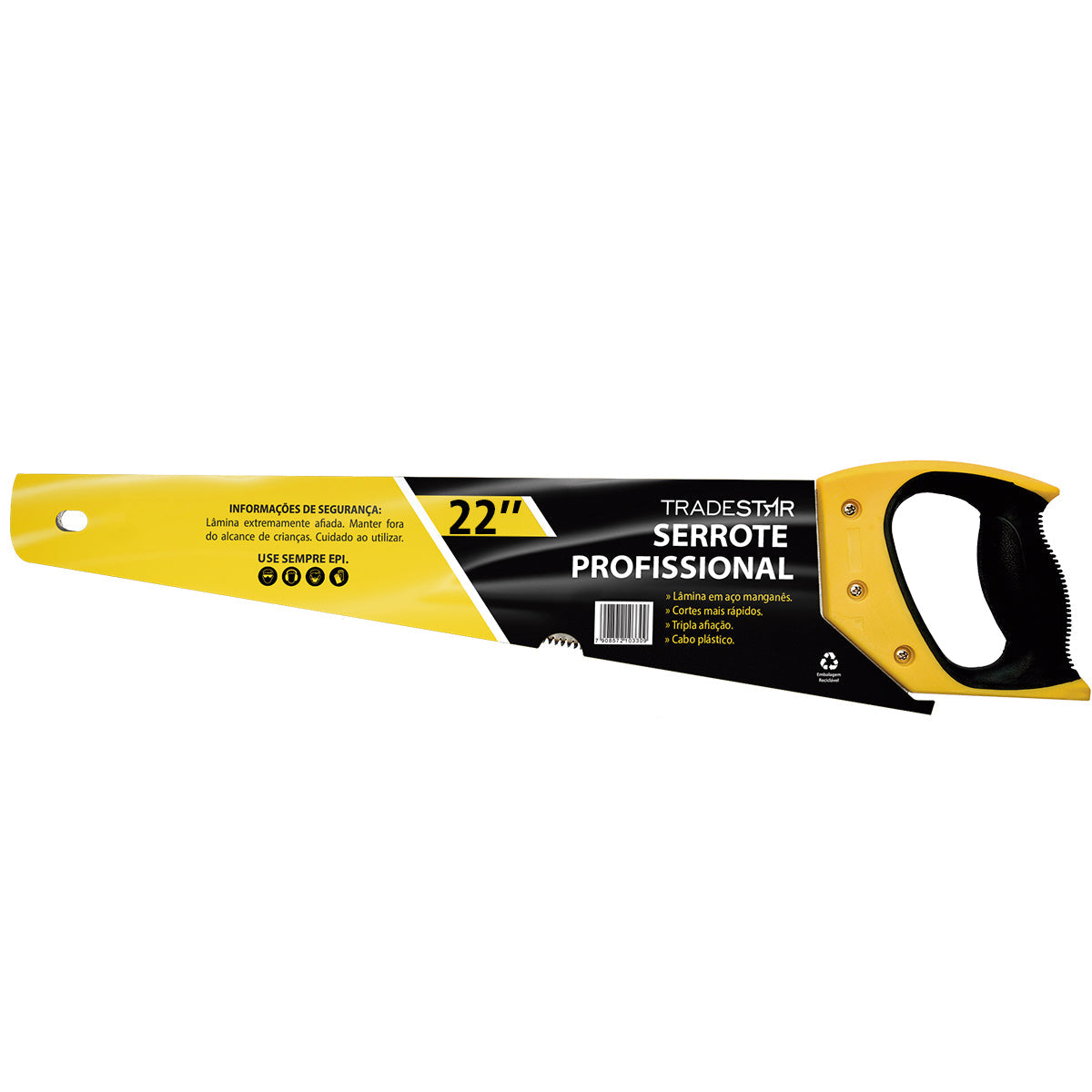 Serrote Tradestar Profissional 22" com cabo plástico, ideal para cortes em madeira, MDF e compensado. Possui lâmina em aço manganês com tripla afiação, proporcionando cortes rápidos e precisos. Ferramenta para carpinteiros, marceneiros e projetos DIY.