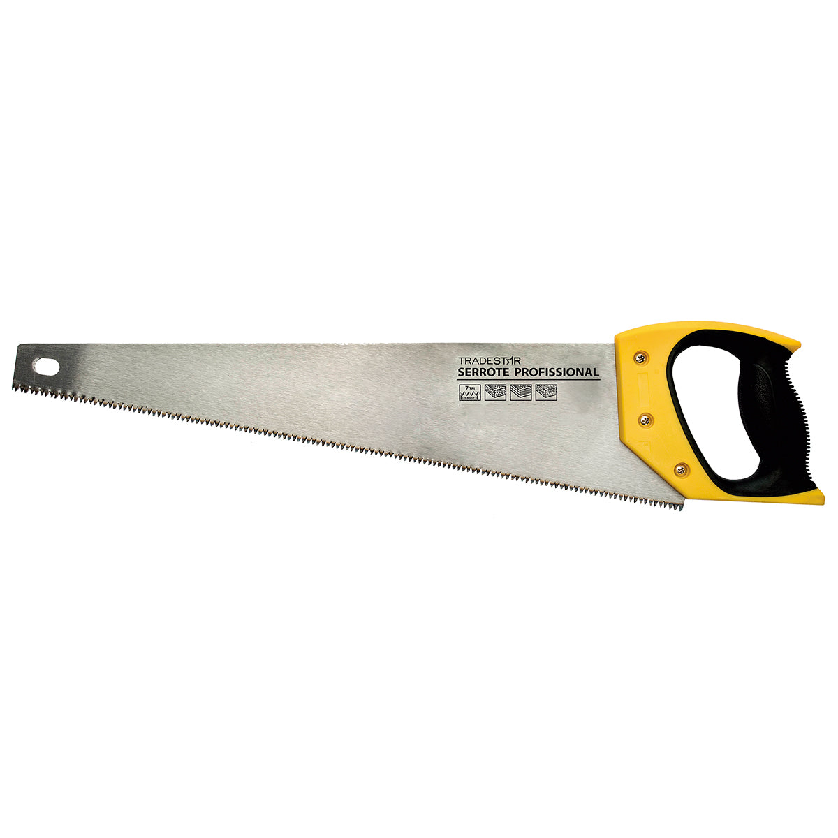 Serrote 22 Tradestar com cabo plástico amarelo e preto, lâmina afiada para corte de madeira, MDF e compensado. Ferramenta profissional para carpintaria, marcenaria e projetos DIY.