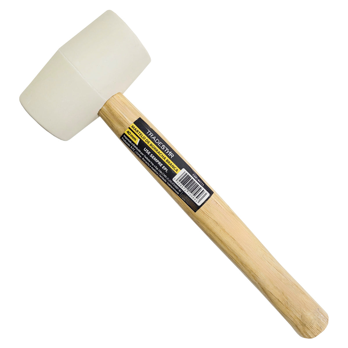 Martelo de borracha branco 40mm Tradestar para assentar pisos, ideal para cerâmica, porcelanato e ladrilhos. Ferramenta de construção com cabo de madeira e cabeça de borracha branca, proporcionando impacto suave e evitando danos.
