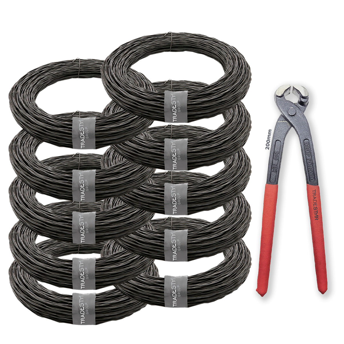 Kit 10 Arame Recozido Trançado 1kg + Alicate Torquês Armador, ideal para construção civil. O kit inclui 10 rolos de arame recozido trançado e um alicate torquês armador de 200mm. Arame de alta resistência para amarrar aço em vigas, colunas e lajes. Produto Tradestar.