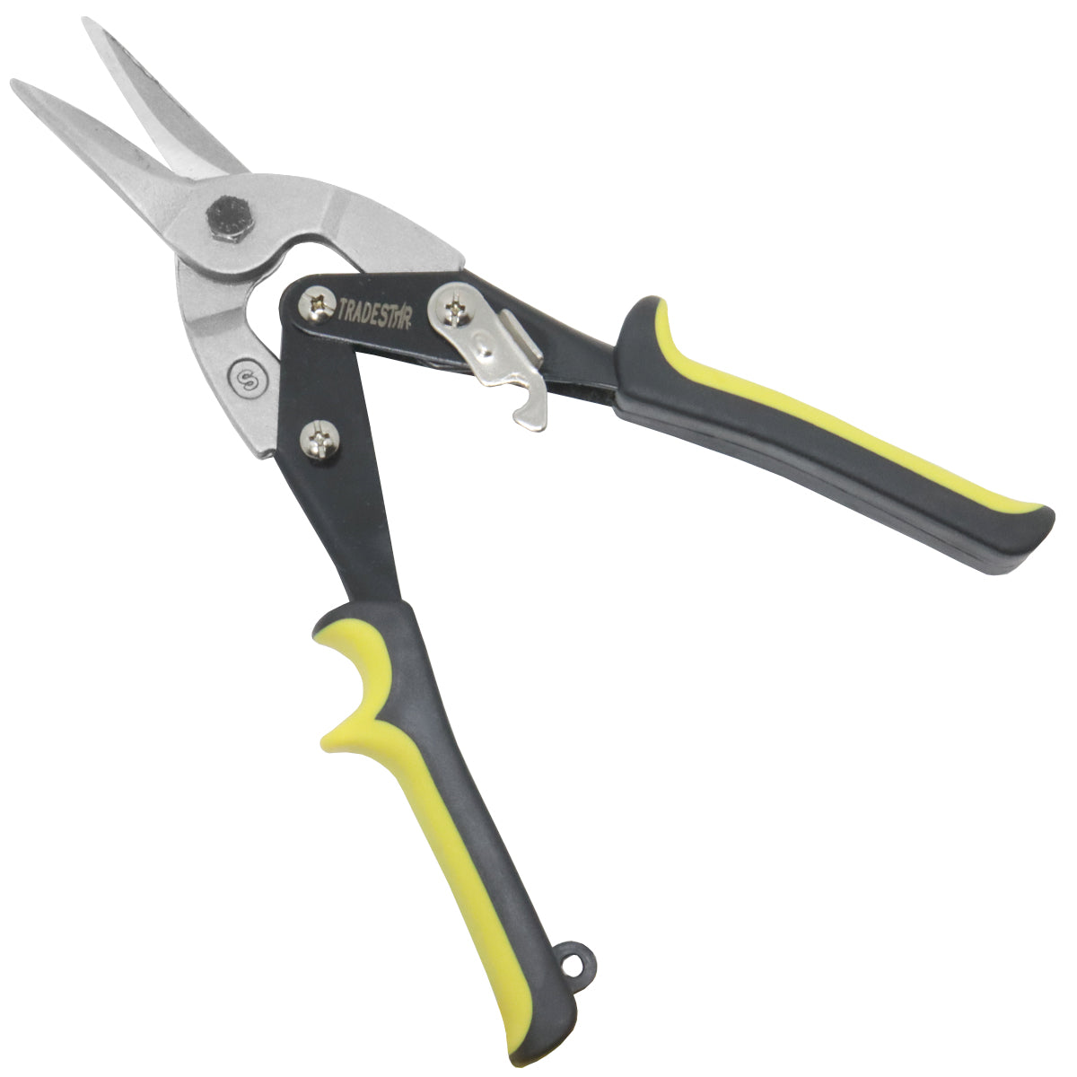 Tesoura de aviação para chapa Corneta 10 polegadas, ideal para cortes retos em chapas de aço e aço inoxidável. Ferramenta de funileiro com cabo ergonômico e trava de segurança, perfeita para trabalhos em metal, projetos DIY e reparos automotivos.
